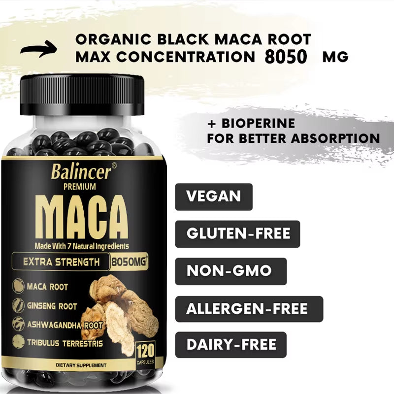 Maca Supplement - with Ginseng Ashwagandha Tribulus Terrestris 8050Mg - Muscle Mass, Endurance and Vitality