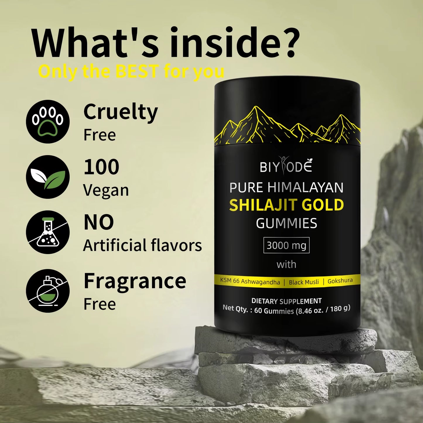 BIYODE 3000Mg Pure Himalayan Shilajit Gummies Containing 85+Trace Minerals Supplement Vegetarian Easy Independent Packaging