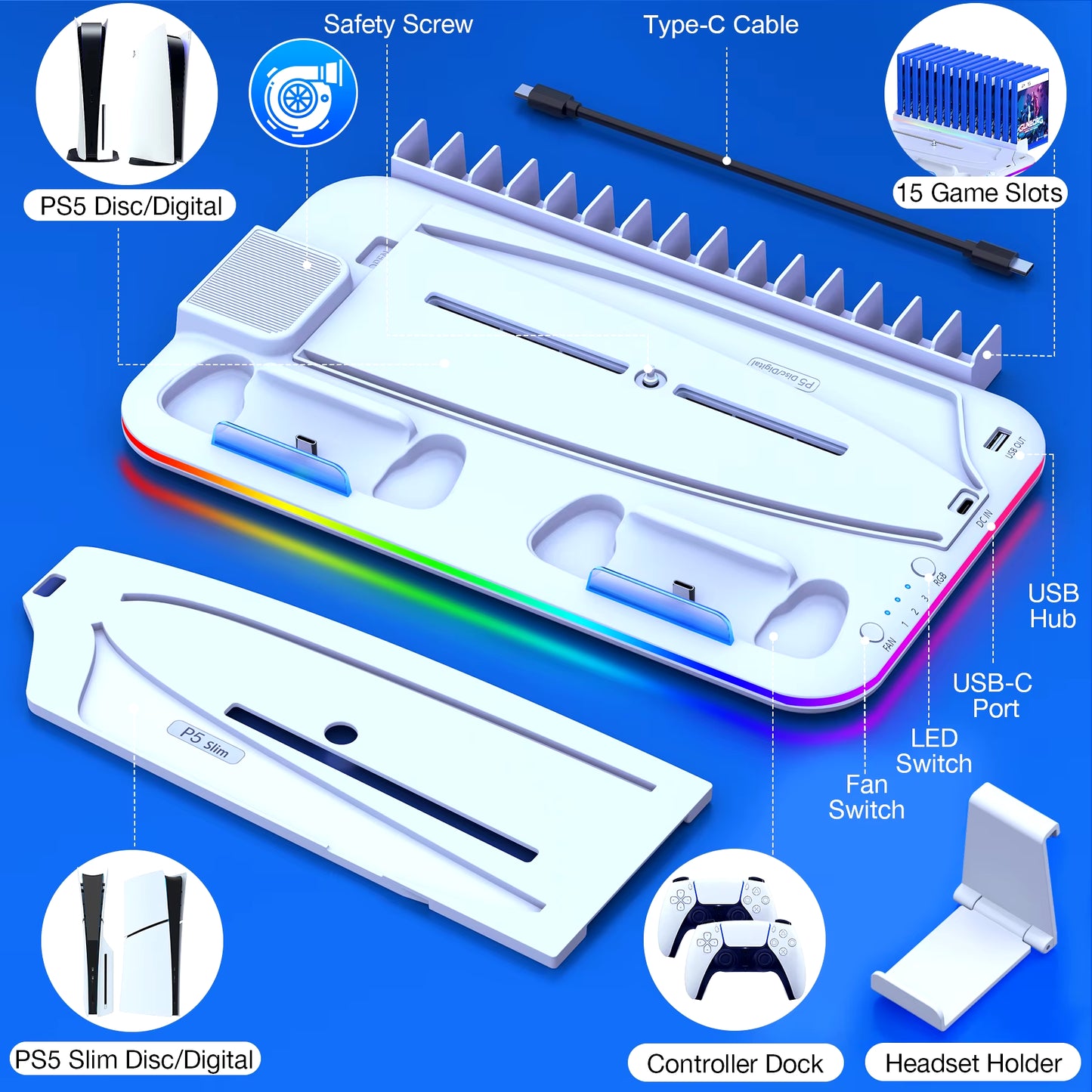 For PS5 Slim Cooling Stand with RGB Light Fan for PS5 Console Disc&Digital Editions PS5 Controller Dual Controller Charging Dock