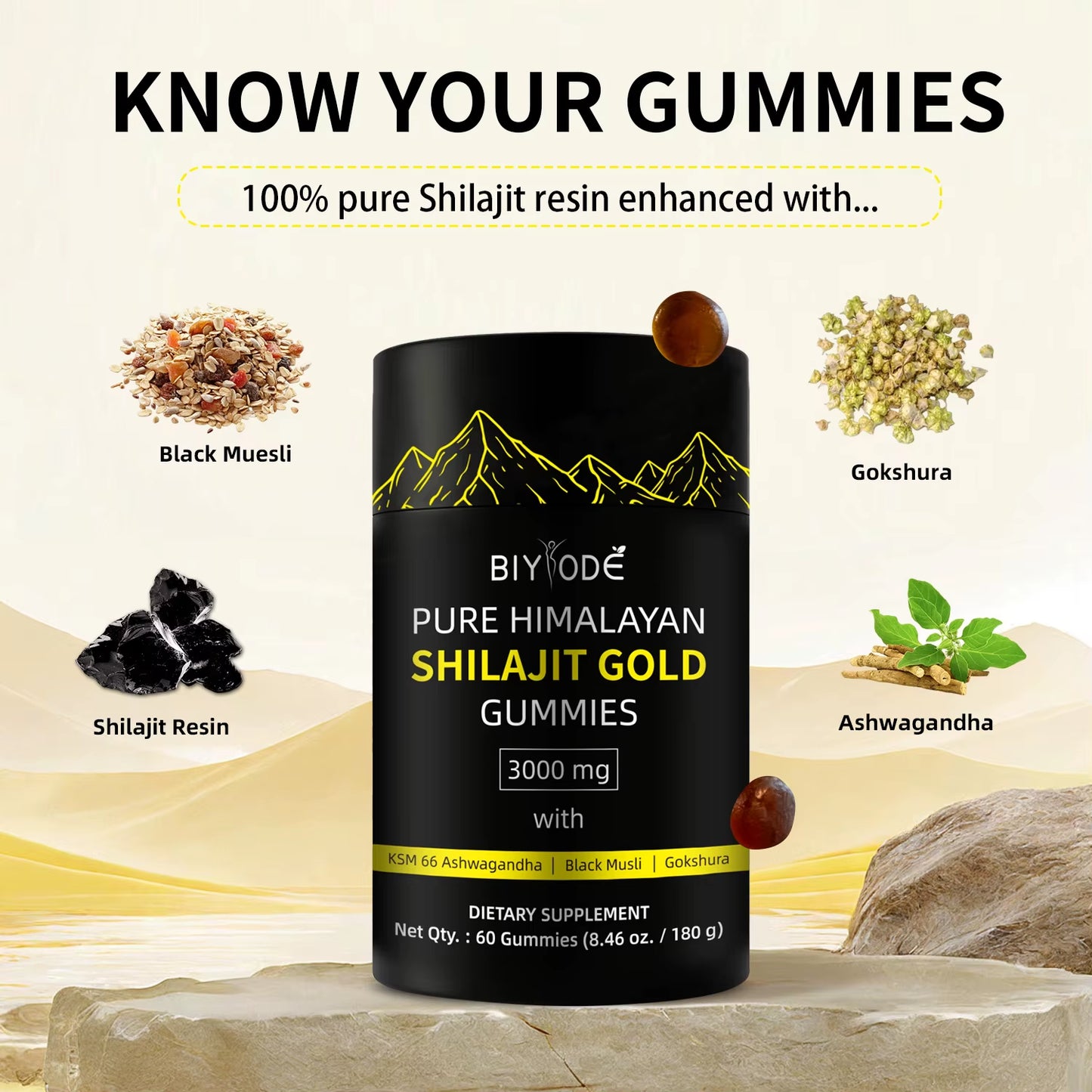 BIYODE 3000Mg Pure Himalayan Shilajit Gummies Containing 85+Trace Minerals Supplement Vegetarian Easy Independent Packaging