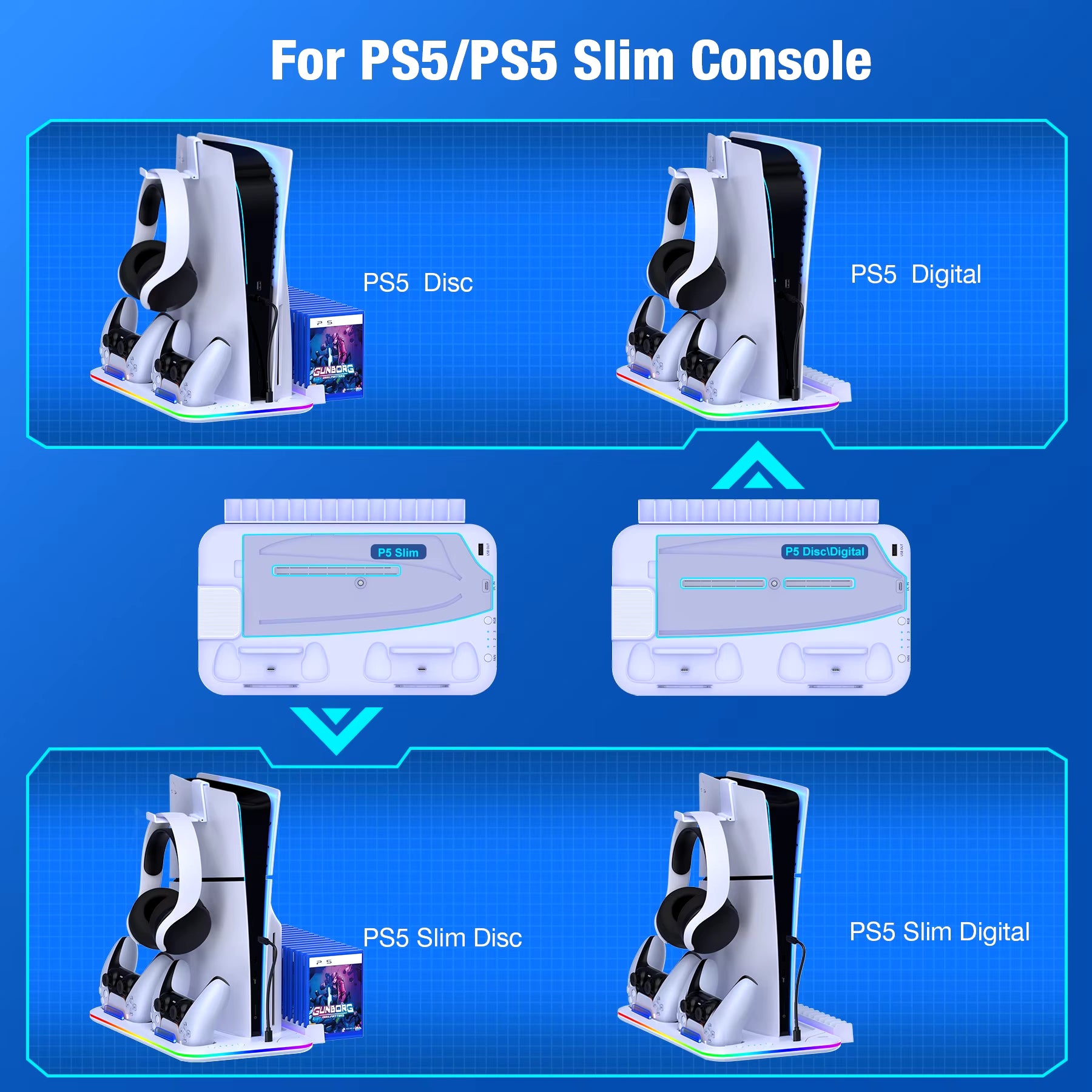 For PS5 Slim Cooling Stand with RGB Light Fan for PS5 Console Disc&Digital Editions PS5 Controller Dual Controller Charging Dock